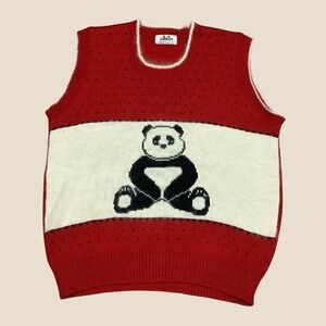 Vintage K&J Ashley Panda Sweater Vest M Red Angora Cotton Knit Animal Graphic